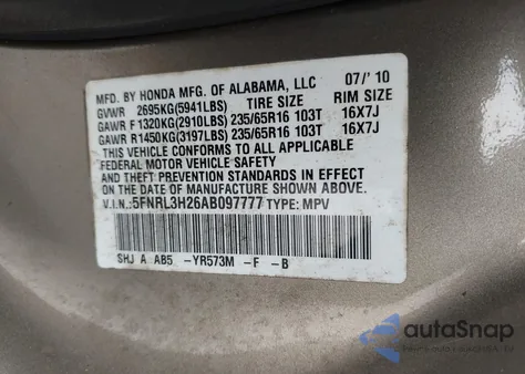 2010 Honda Odyssey Lx z USA, uszkodzony, nr VIN 5FNRL3H26AB097777
